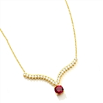 Supreme Necklace that is sure shot eye candy! 2.0 Cts. Round cut Ruby Essence Dangler atones a curvy melee of Round Brilliants set exquisitely in an Art Deco Setting! 3.50 Cts.T.W. attached with Chain in 14K Gold Vermeil.