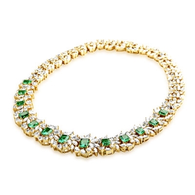 Prong Set Designer Necklace with Lab-made Emerald Cut Emerald, Pear, Marquise Essence and Round Brilliant Diamonds by Diamond Essence set in Vermeil