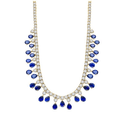 Diamond Essence dazzling Necklace, 16" long just perfect for any Occassion. 1.0 Ct. each Sapphire Essence stone dangling from Round Brilliant Diamond Essence stone. Appx. 75.0 cts.t.w. set in 14K Gold Vermeil.