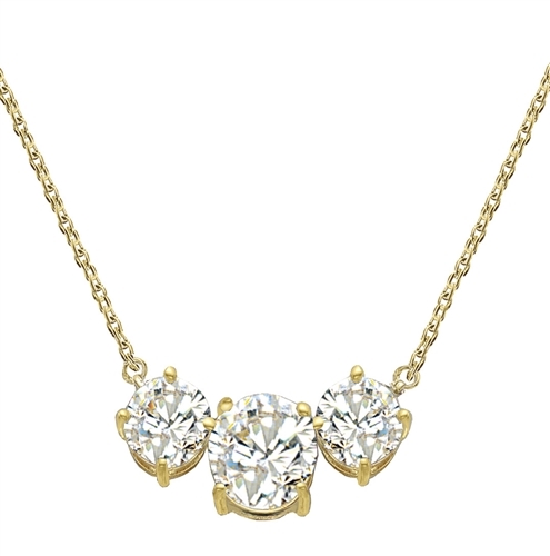 Triple-Stone-Necklace--Three round brilliant Diamond Essence masterpieces--2.0 Cts in the center with 1.0 ct. stones on either side--on a 16" anchor chain, with a lobster clasp for extra security. set in14K Gold Vermeil.