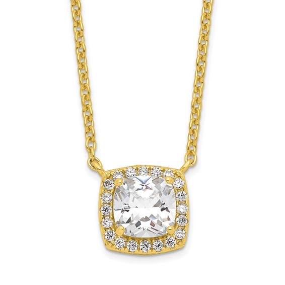 Diamond Essence Pendant with 2.5 ct. cushion Cut Stone in center surrounded by round stones in 14K gold vermeil.