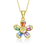 Diamond Essence Delicate Designer Floral Pendant with Multi Color Baguettes and Brilliant Melee, 1.10 Cts.t.w. set in Gold Plated Sterling Silver. 18mm Length, 11mm Width.