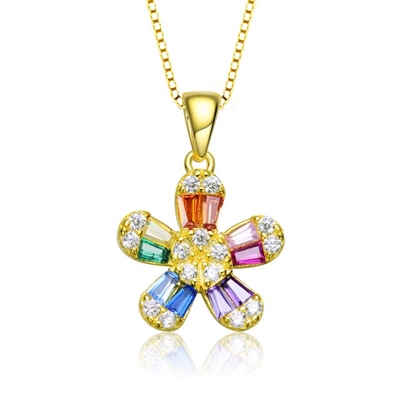 Diamond Essence Delicate Designer Floral Pendant with Multi Color Baguettes and Brilliant Melee, 1.10 Cts.t.w. set in Gold Plated Sterling Silver. 18mm Length, 11mm Width.