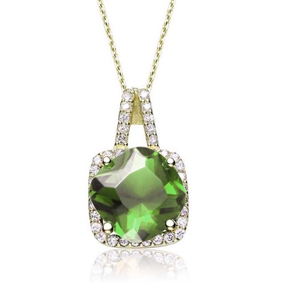Diamond Essence Pendant with 5 Cts. Cushion cut Peridot  in Four Prongs surrounded by Brilliant Melee in 14K Gold Vermeil.
