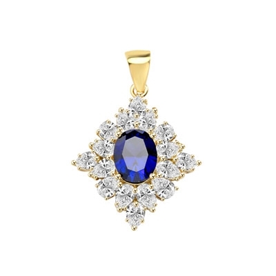 Designer Pendant with 3.5 Ct. oval Sapphire Essence set in four prongs, and surrounded by pear cut diamond essence stones in floral pattern. 8.5 Cts. T.W. set in 14K Gold Vermeil.