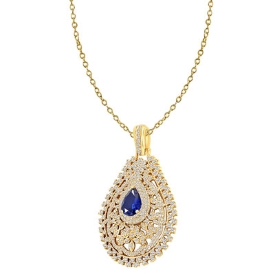 Prong Set Designer Pendant with Artificial Pear Shape Sapphire in center surrounded by Artistically set Brilliant Melee Diamonds by Diamond Essence set in Vermeil