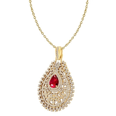 Prong Set Designer Pendant with Artificial Pear Cut Ruby in center surrounded by Artistically set Brilliant Melee Diamonds by Diamond Essence set in Vermeil