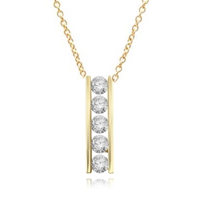 Diamond Essence round brilliant stones, 0.5 ct. each, set in a row between two bars channel setting. 2.5 cts.t.w.in Gold Vermeil.