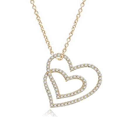 Two intervening hearts, showing off Diamond Essence Round brilliant melee set in Gold Vermeil pendant. 2.5 cts.t.w.