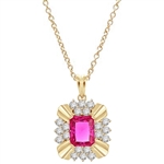 Diamond Essence 4 carat Ruby Emerald cut stone supported by silver bars on four corners and group of five round brilliant stones on each side. 6 cts.t.w. set in Gold Plated Over Sterling Silver.