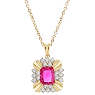 Diamond Essence 4 carat Ruby Emerald cut stone supported by silver bars on four corners and group of five round brilliant stones on each side. 6 cts.t.w. set in Gold Plated Over Sterling Silver.