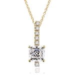 Elegant Pendant with 3 carat Cushion cut Diamond Essence stone in four prong setting, with Round Brilliant stones in four prongs, set on a bar. 4.0 cts.t.w. in Gold Plated Sterling Silver.