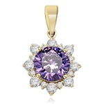 Designer Pendant with Round Amethyst Essence in center surrounded by Round Brilliant Diamond Essence and Melee. 4.5 Cts. T.W. set in 14K Gold Vermeil.