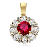 Diamond and Ruby Pendant - 2.0 cts. Round Ruby Essence in center surrounded by Pear Cut Diamond Essence and Melee. 5.5 Cts T.W. set in 14K Gold Vermeil.