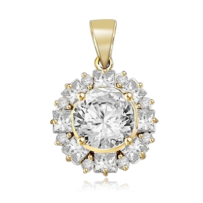 Designer Pendant with 4.0 Cts Round Brilliant Diamond Essence in center surrounded by alternately set in Princess  and Melee. 7.25 Cts T.W. in 14K Gold Vermeil.