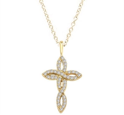 Diamond Essence 1" long Cross Pendant with delicate interwined design, 0.60 ct.t.w. in Gold plated Sterling Silver.