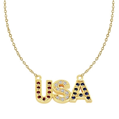 Let the patriotism show this season. Diamond Essence Pendant with Round Ruby, Sapphire and Brilliant Stones, In 14K Gold Vermeil with Chain.