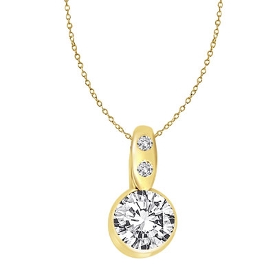 Diamond Essence 2.0 carat round brilliant stone set in bezel setting of 14K Gold Vermeil. Chain not included.