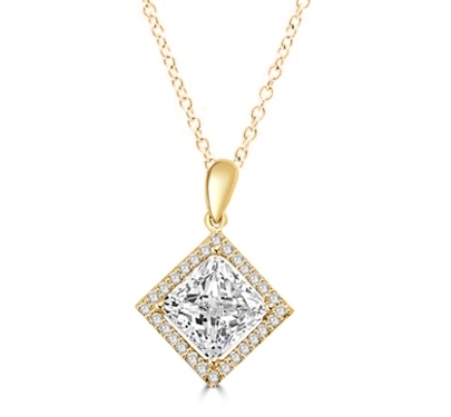 Diamond Essence Designer Pendant with 2.5 ct. Princess Cut Stone sorrounded by Round Stones in 14K Gold Vermeil.