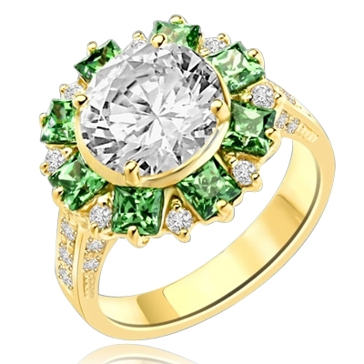 Classic Designer Ring with 3.0 Cts. Round Brilliant Diamond Essence Stone in the center, surrounded by 0.5 Ct. each, Green Princess cut stones and round stones. Round melee set on band, makes it more artistic. 9.50 Cts.T.W. set in 14K Gold Vermeil.