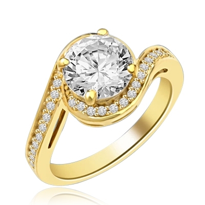 Diamond Essence Round Brilliant stone 2.0 ct set in four prongs and surrounded by round melee artistically set in curved band of Gold Vermeil.