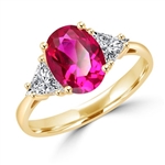Stunning Ring, 2 Cts. T.W, with 1 Ct Oval Cut Ruby Center and White Trilliant Diamond Essence Stones on side, in Gold Vermeil.