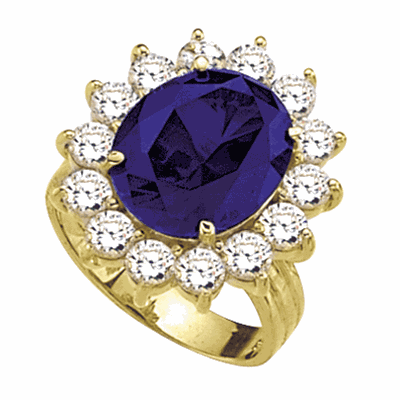 Gold Vermeil Princess ring with 5.0 cts. oval Sapphire Essence center and 14 round brilliant Diamond Essence stones 6.50 cts.t.w. Also available in Platinum Plated Sterling Silver.