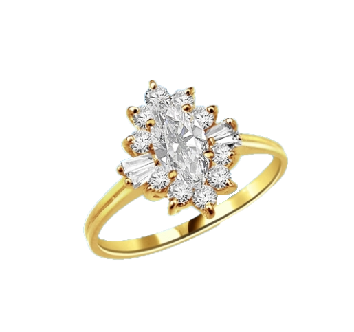 Honeysuckle Rose - 1 Ct. Marquise Cut Center stone with Baguettes and Round Accent Masterpieces. 1.3 Cts. T.W. in Gold Vermeil.
