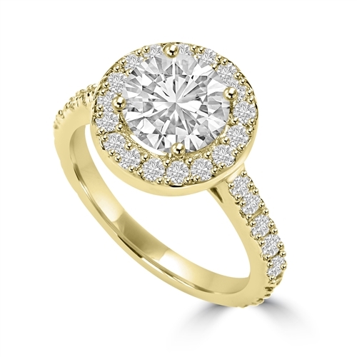 Diamond Essence Halo Setting Designer Ring With 2 Cts. Round Center and Melee around And On The Band, 4.50 Cts.T.W. In 14K Gold Vermeil.