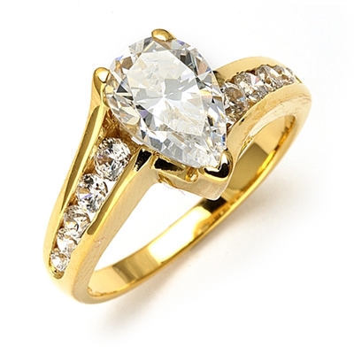 Prong Set Designer Ring with Simulated Pear Cut Brilliant Diamond and Melee by Diamond Essence set in Vermeil