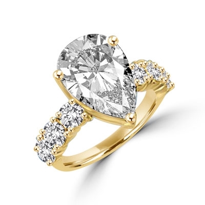 Prong Set Designer Ring with Artificial Pear Cut Diamond and Round Brilliant Melee by Diamond Essence set in Vermeil