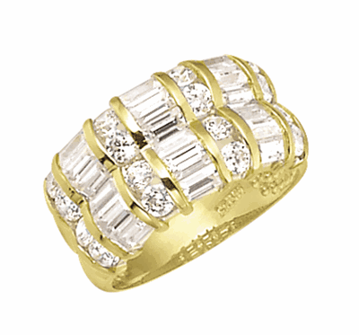 round stones and baguettes set in 4 rows in gold vermeil ring