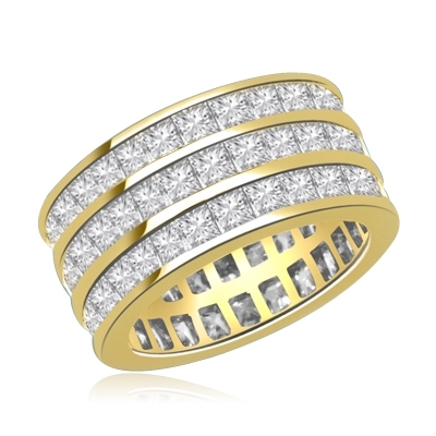 Wedding Eternity Ring with 3 rows of Square Cut Masterpieces going elegantly all around the band. 4 Cts. T.W, in Gold Vermeil.