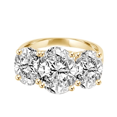 Three Stone Jaw dropping Ring -Diamond Essence 4.0 Carat Oval Stone in the Center and 2.0 Carat Oval Stones on each sides, 8.0 cts. t.w. in 14K Gold Vermeil.