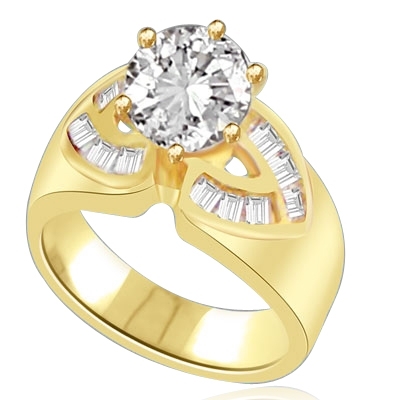 Resplendent 14k Gold Vermeil ring With 2.0 cts. round Diamond Essence centerpiece and channel set Princess Cut Diamond Essence Stones on each side, 2.6 Cts. T.W.