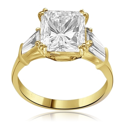 Prong Set Engagement Ring with Artificial Princess Cut Brilliant Diamond and Baguettes by Diamond Essence set in Vermeil