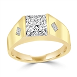 14K Gold Vermeil man’s wide ring with a hefty channel-set 1.25 ct. Square cut masterpiece and twin satellites inlayed below in the wide gold band. 1.35 cts. t.w.
