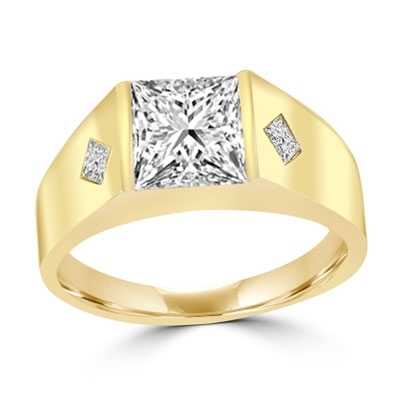 14K Gold Vermeil man’s wide ring with a hefty channel-set 1.25 ct. Square cut masterpiece and twin satellites inlayed below in the wide gold band. 1.35 cts. t.w.