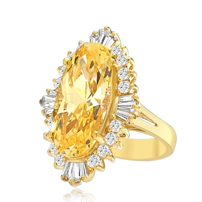 Designer ring with Diamond essence 9.0 cts. Canary stone in the center and encircled by round stones and a large spray of baguettes on all four sides. Wear it with confidence.10.75 cts. T.W. set in 14K Gold Vermeil.