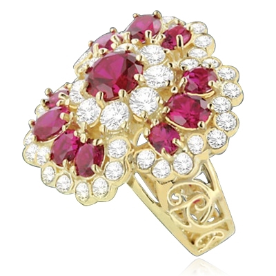 A beautiful ring in floral design. Diamond Essence ruby and round brilliant masterpieces.5.0 cts. T.W. set in 14K Gold Vermeil. A perfect party wear to get compliments.