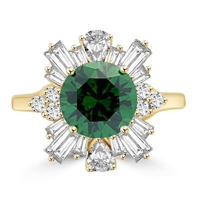 Gold vermeil ring with emerald diamond,petal baguettes,teardrop masterpieces