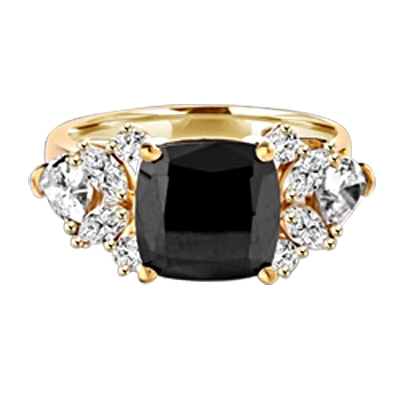 Diamond Essence Designer ring with 4.0 ct. Onyx center with round, marquies and heart shaped stones on each side, 6.5 cts. T.W. set in 14K Gold Vermeil.