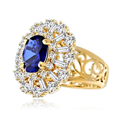 Diamond Essence Ring in 14K Gold vermeil with 2.5 carat Oval Sapphire Essence in the center, surrounded by Diamond Essence round stones and baguettes. Appx. 4.5 cts.T.W. on designer wide band. Just perfect for all occasions.