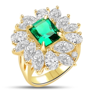 Prong Set Cocktail Ring with Radiant Emerald Cut Emerald Essence, Marquise and Pear  Cut Brilliant Diamonds by Diamond Essence set in Vermeil
