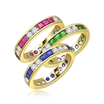 Best selling Eternity Bands with Princess Cut simulated Emeralds and Round Cut Diamond Essence stones all around the band. 1.5 Cts. T.W, in Gold Vermeil.