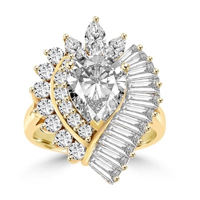Cocktail Ring with 2.50 cts. Pear cut Diamond Essence in the center,artistically surrounded by Baguettes, Marquise and Round Brilliant stones, 7.0 cts.t.w. set in Gold Plated Sterling Silver.