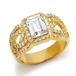 14K Gold Vermeil Designer Ring With 1.50 Cts. Emerald Cut Diamond Essence Center Surrounded By Melee And Exquisitely Set Round Brilliant Melee On Both The Sides Of Band, 2.50 Cts.T.W.