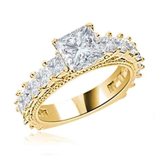 Diamond Essence Designer Ring With 1.50 Cts. Princess in Center, Accompanied by Small Princess Stones Melee on band, 3 Cts.T.W. In 14K Gold Vermeil.
