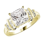 Diamond Essence Designer Ring With 3 Cts. Princess Cut Center Set in Four Prongs, Baguettes and Melee On Each Side,3.50Cts.T.W in 14K Gold Vermeil.