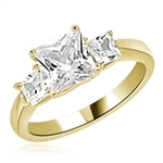 Diamond Essence Three Princess Stones Ring with 1.50 Cts. Center and 0.25 Cts. on each side,2 Cts.T.W. set in 14K Gold Vermeil.